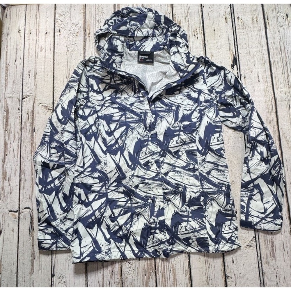 Marmot Rain Jacket Womens XL PreCip Eco Print Blue White Waterproof Hood Vented